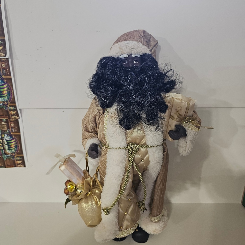 Vintage Black Santa Claus Figurine Champagne Gold Robe Christmas Decor 16 inch